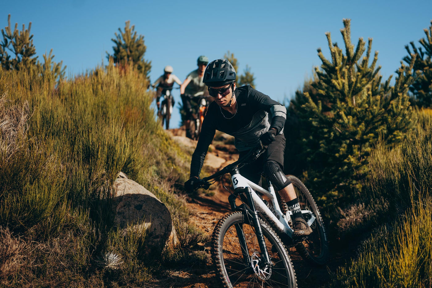 3 MTB Fahrer auf engem Pfad